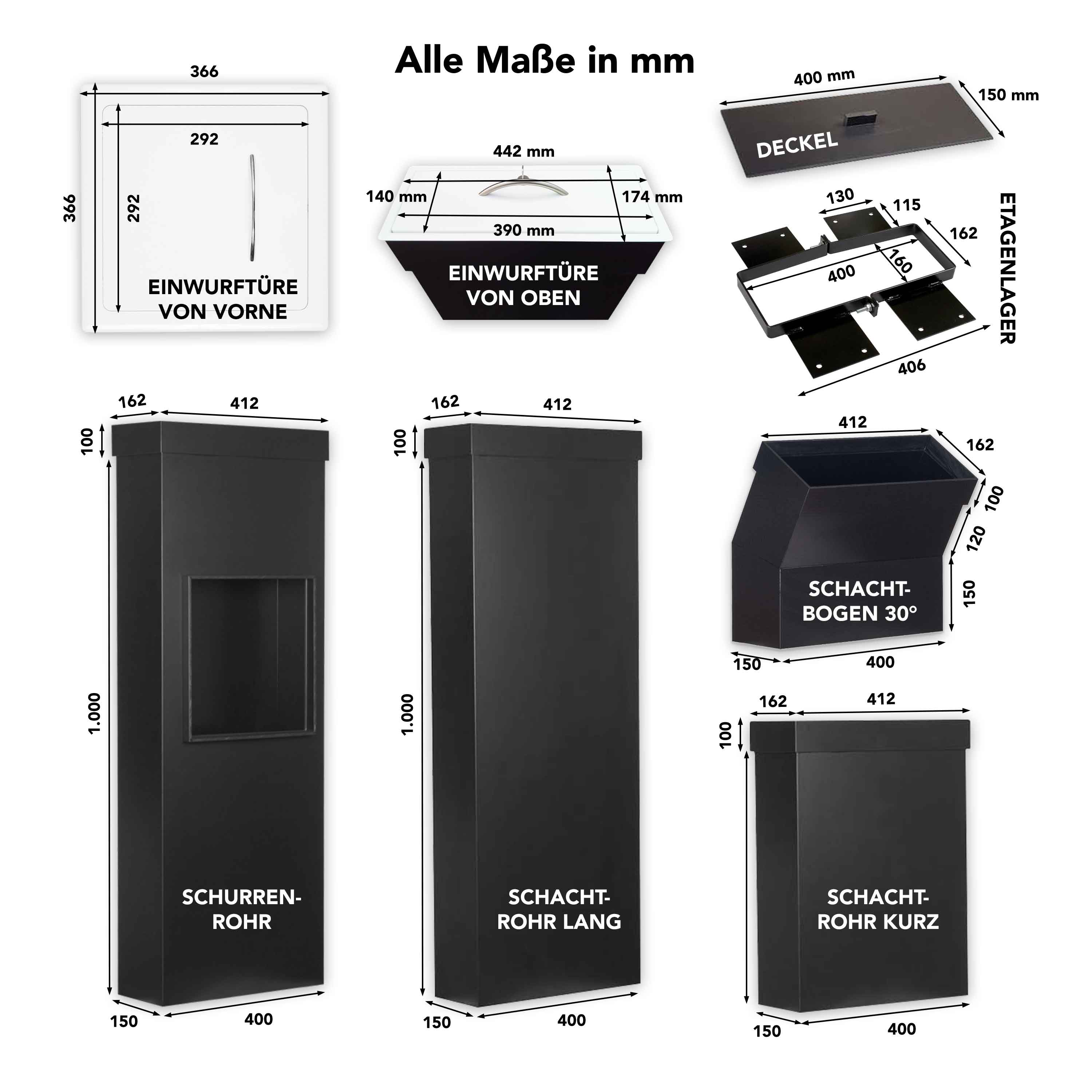 Flachkanal-Set 4 - durch zwei Geschossdecken, mit zwei Einwürfe, 1x von VORNE und 1x von OBEN